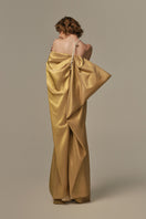 Elegant POEM Palais Gown in golden fleece fabric, featuring intricate design details and flowing silhouette.