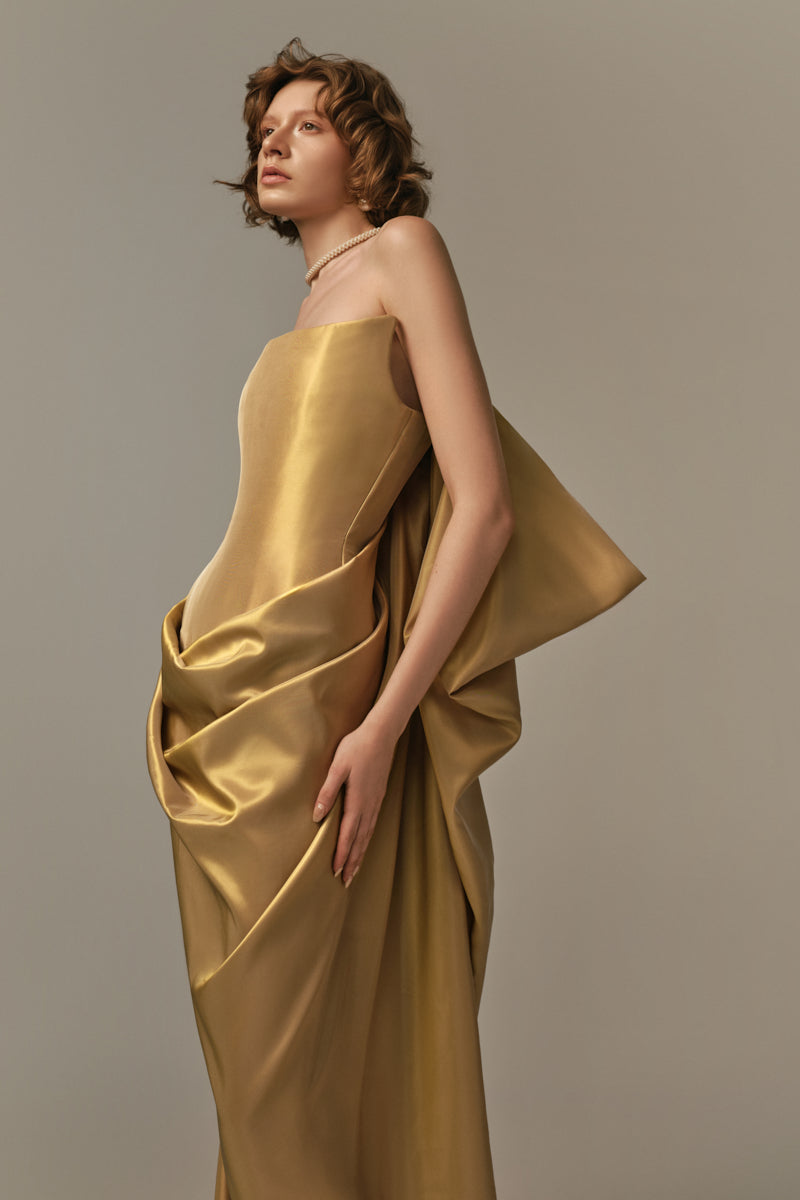 Elegant Palais gown by POEM featuring intricate gold fleece detailing, flowing fabric, and a sophisticated silhouette.