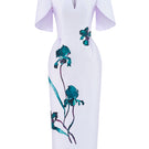 Pale lilac cape sleeve pegged midi dress by Tiny Ink, featuring a flowy silhouette and elegant cape detail.