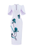 Pale lilac cape sleeve pegged midi dress by Tiny Ink, featuring a flowy silhouette and elegant cape detail.