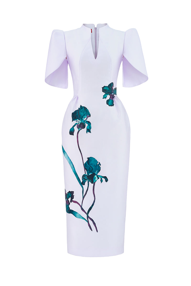 Pale lilac cape sleeve pegged midi dress by Tiny Ink, featuring a flowy silhouette and elegant cape detail.