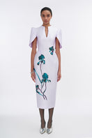 Pale lilac cape sleeve pegged midi dress by Tiny Ink, featuring a flowy silhouette and elegant cape sleeves.