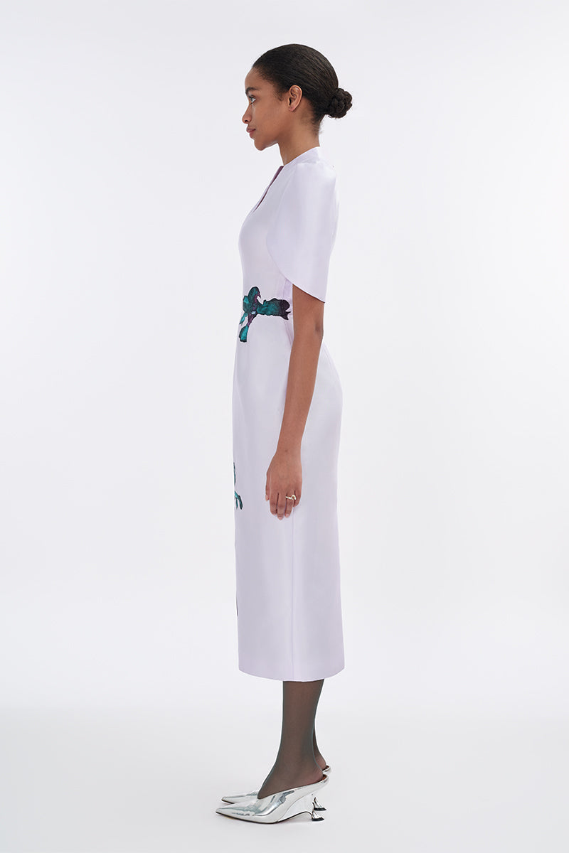 Pale lilac cape sleeve pegged midi dress by Tiny Ink, featuring a flowy silhouette and elegant design.