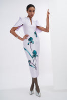 Pale lilac cape-sleeve pegged midi dress by Tiny Ink, shown on a model with a flowing, elegant design and relaxed fit.