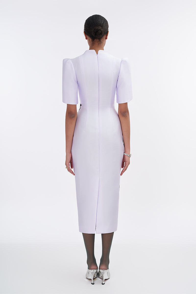Pale lilac cape sleeve pegged midi dress by Tiny Ink, featuring a flowing silhouette and elegant design.