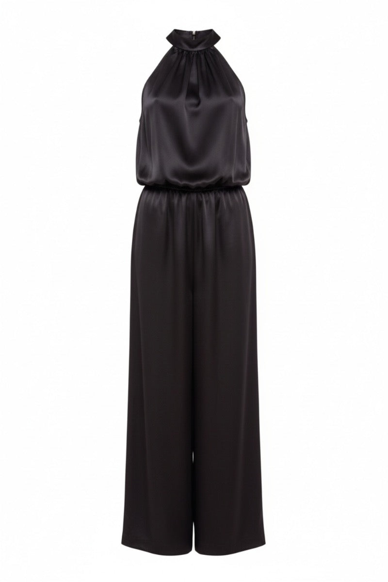 Serenity Palermo black silk-satin halter jumpsuit displayed on a hanger, showcasing its sleek design and elegant fabric.