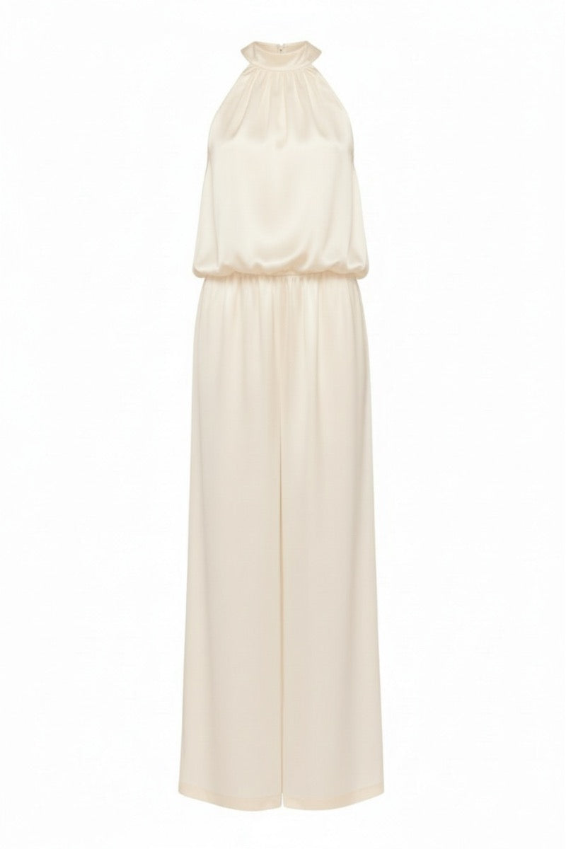 Serenity Palermo butter-cream silk-satin halter jumpsuit displayed on a hanger with elegant drape and smooth fabric.