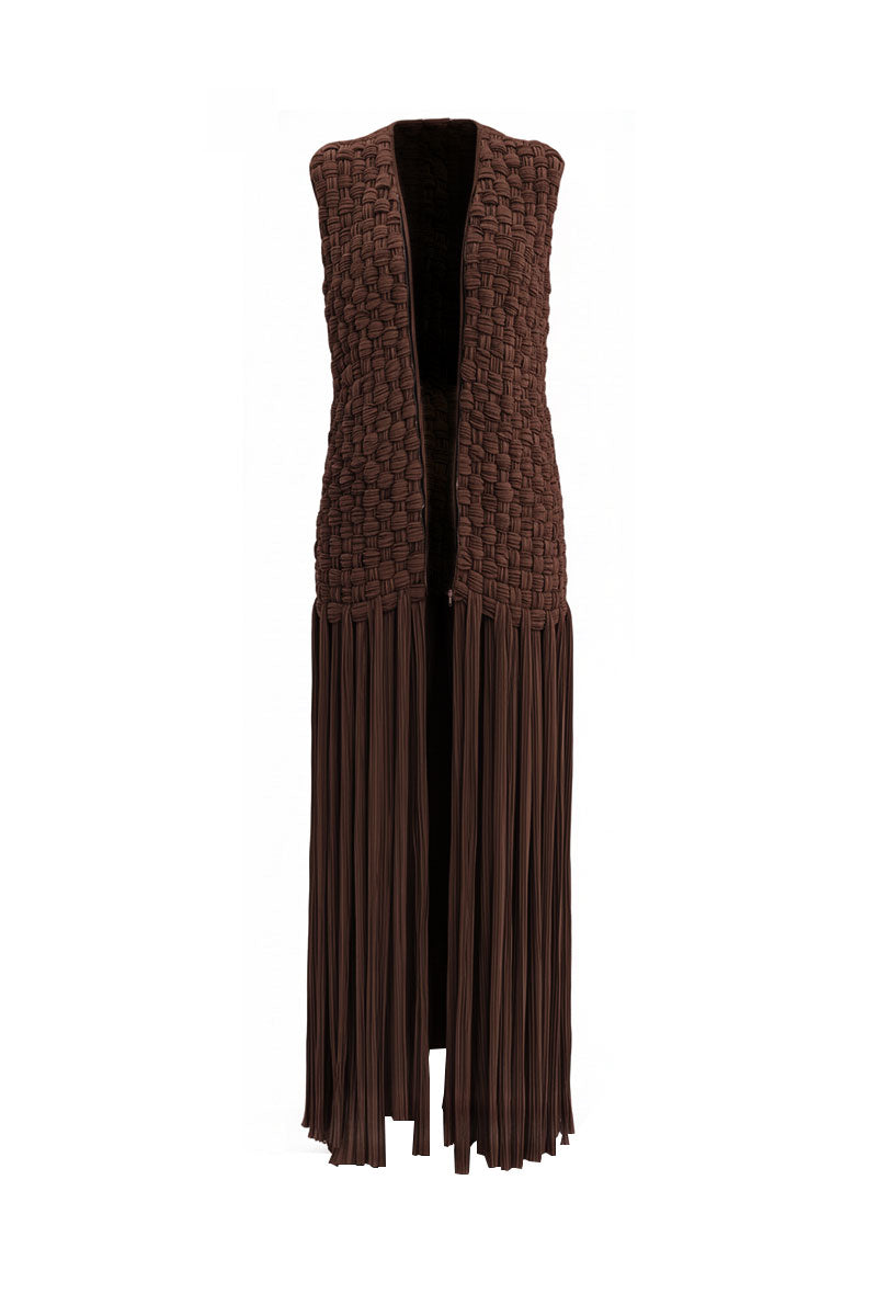 Brown Palma vest by Maylé Vásquez, sleeveless design with a tailored fit, shown on a neutral background.