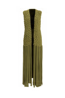 Forest green Palma vest by Maylé Vásquez displayed on a mannequin, showcasing its stylish and cozy sleeveless design.