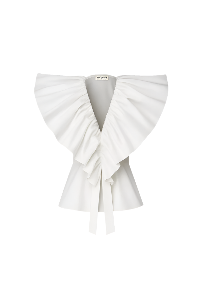 Ivory Palma blouse by ANA + MARIA, showcasing a stylish, lightweight top with elegant ruffle details and a relaxed fit.