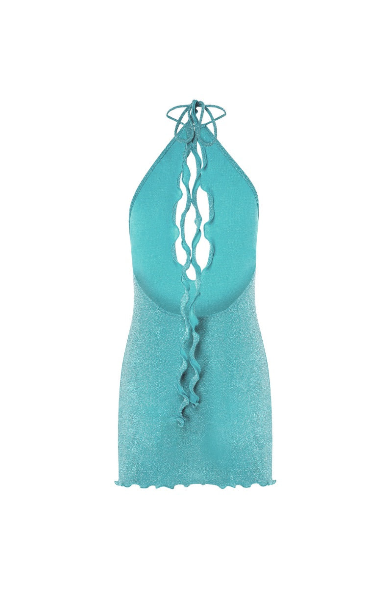 Turquoise Paola mini dress by Suncillo featuring a fitted bodice and flowing skirt, perfect for summer wear.