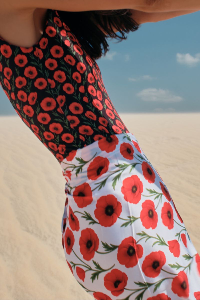 White poppy print Verdelimon pareo cover-up with lightweight, flowing fabric, perfect for beach or poolside wear.