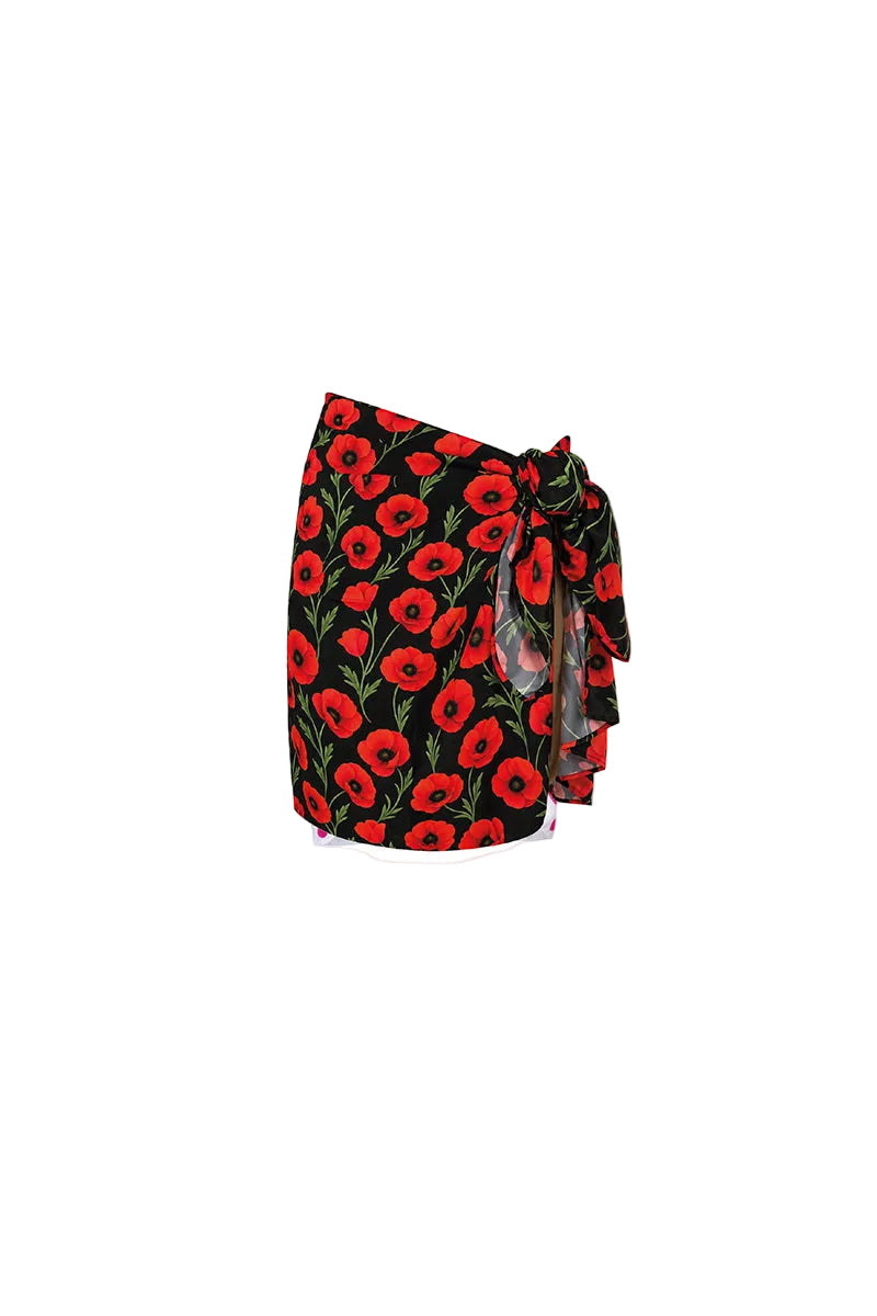 Black Verdelimon PAREO MINI cover-up with a poppy pattern, shown from the front in this stylish, lightweight beachwear image.