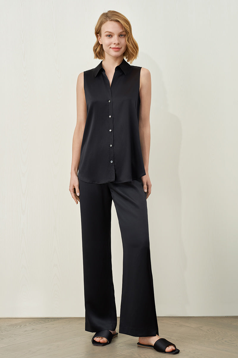 Black Passion silk trousers for women by Manito, stylish pants with a smooth silk finish and tailored fit.