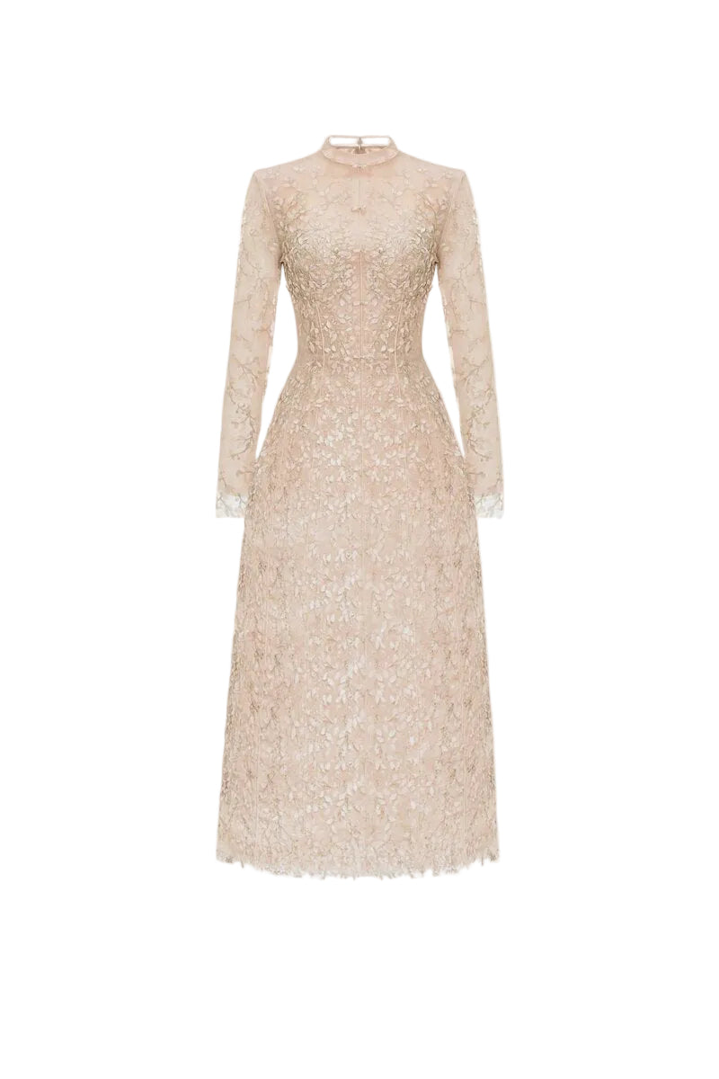 ROBE MIDI PASTEL À COL MONTANT ET MANCHES LONGUES