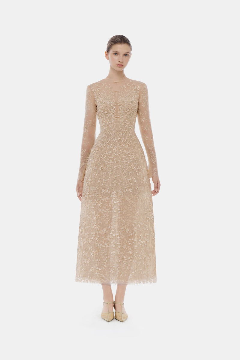 ROBE MIDI PASTEL À COL MONTANT ET MANCHES LONGUES