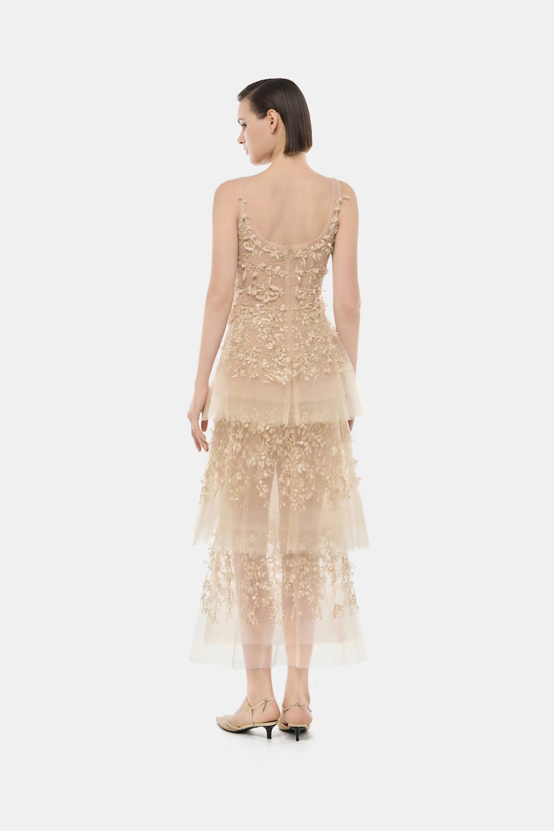 Light pink pastel tiered midi dress by Montsand featuring flowing fabric and a feminine silhouette.