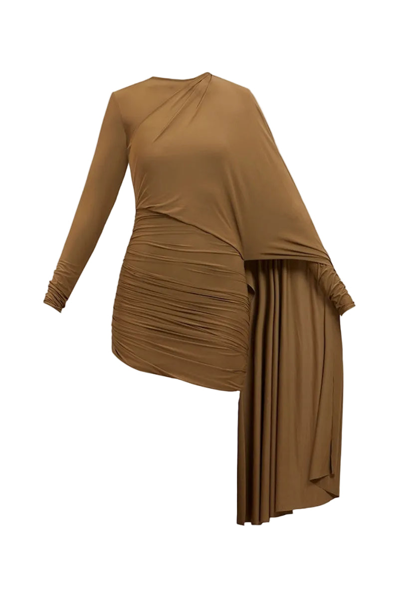 paula drape mini dress PAULA DRESS IN SAND GREEN | CULT MIA