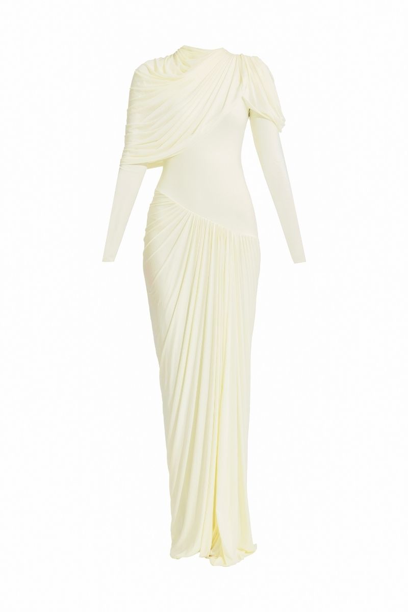 Deme By Gabriella Paulina off-white gown with flowing fabric and elegant design, perfect for formal occasions.