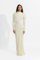 Elegant off-white Deme By Gabriella Paulina gown with flowing fabric and intricate design, perfect for formal occasions.