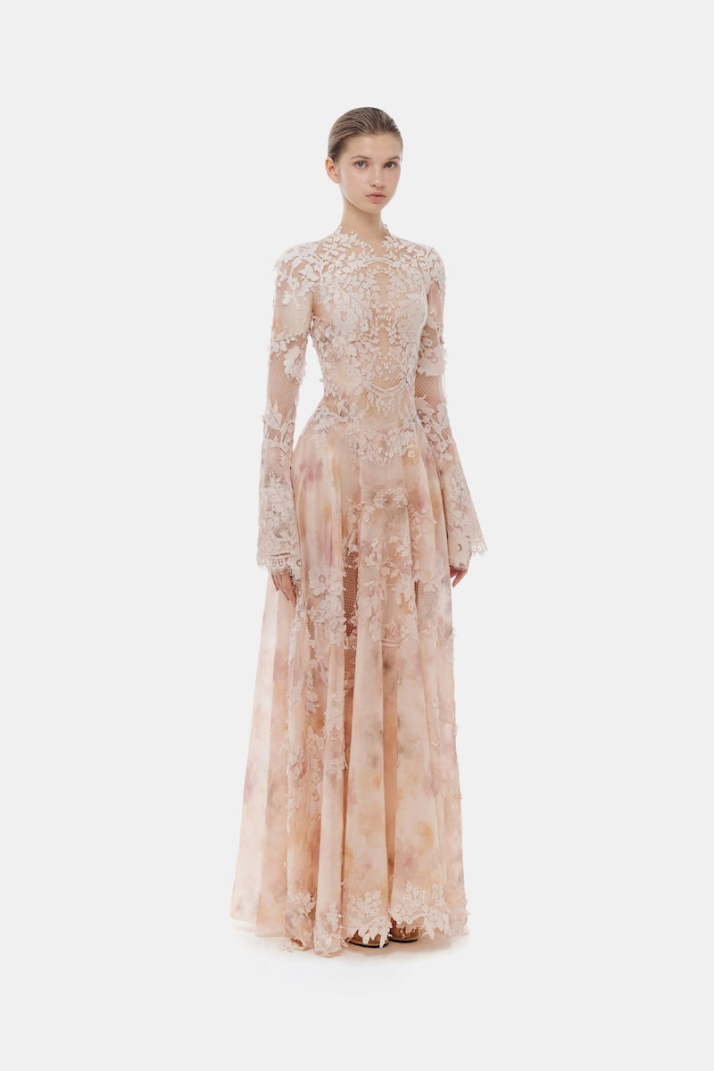 PEACH LACE APPLIQÚE MIDI DRESS - CULT MIA