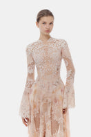Peach lace applique gown by Montsand, elegant midi dress with intricate lace details and flowing silhouette.