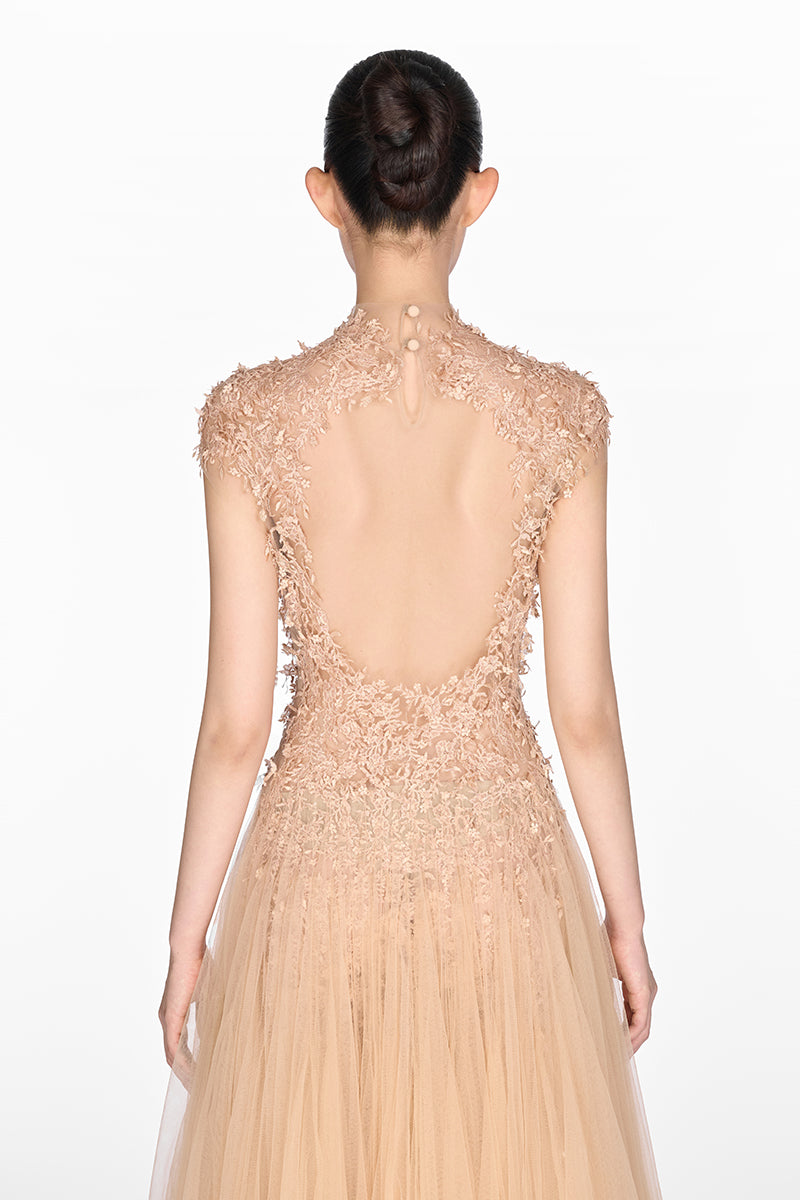 PEACH OMBRÉ CUT-OUT LACE MIDI DRESS - CULT MIA