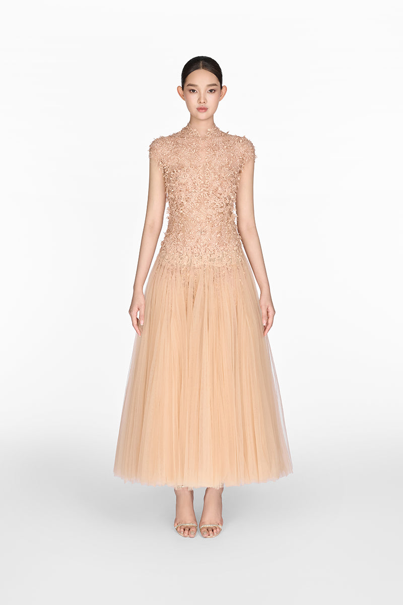 PEACH OMBRÉ CUT-OUT LACE MIDI DRESS - CULT MIA