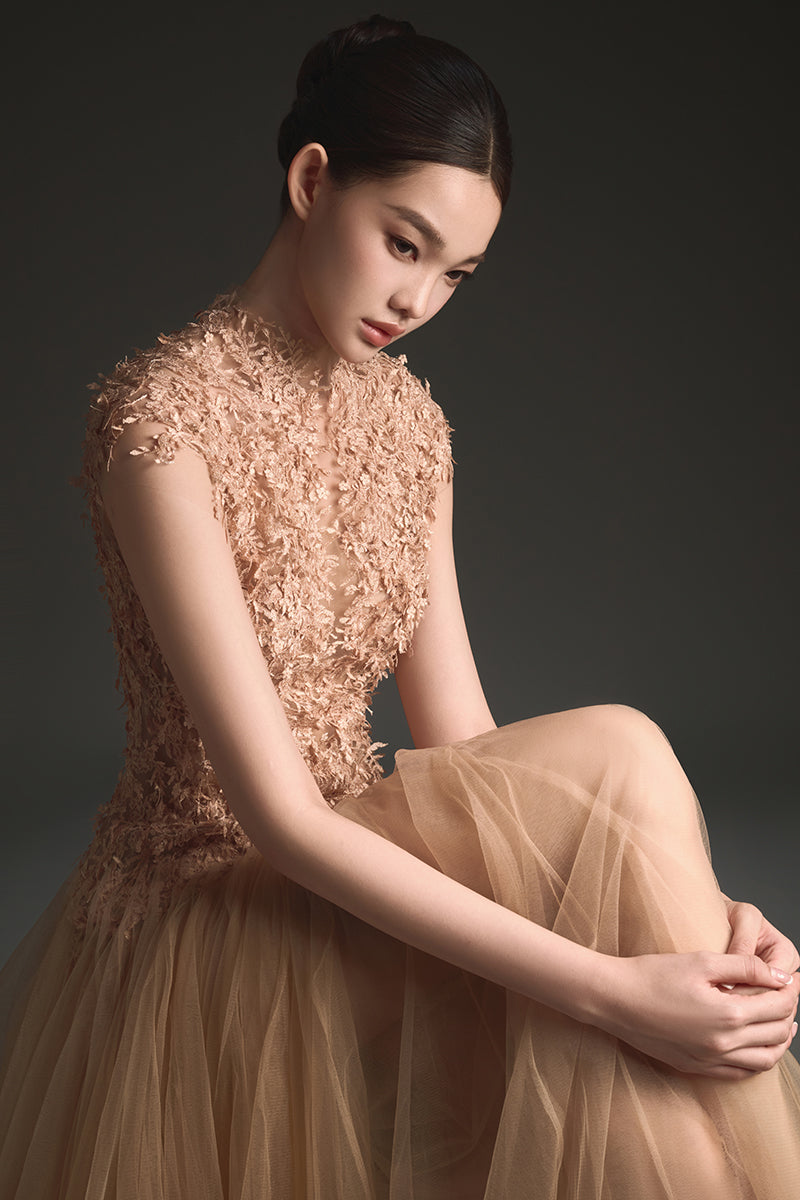 PEACH OMBRÉ CUT-OUT LACE MIDI DRESS - CULT MIA