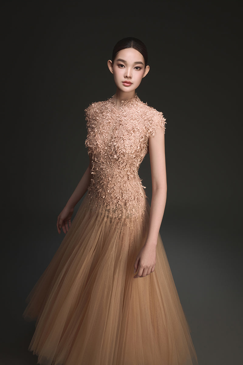 PEACH OMBRÉ CUT-OUT LACE MIDI DRESS - CULT MIA