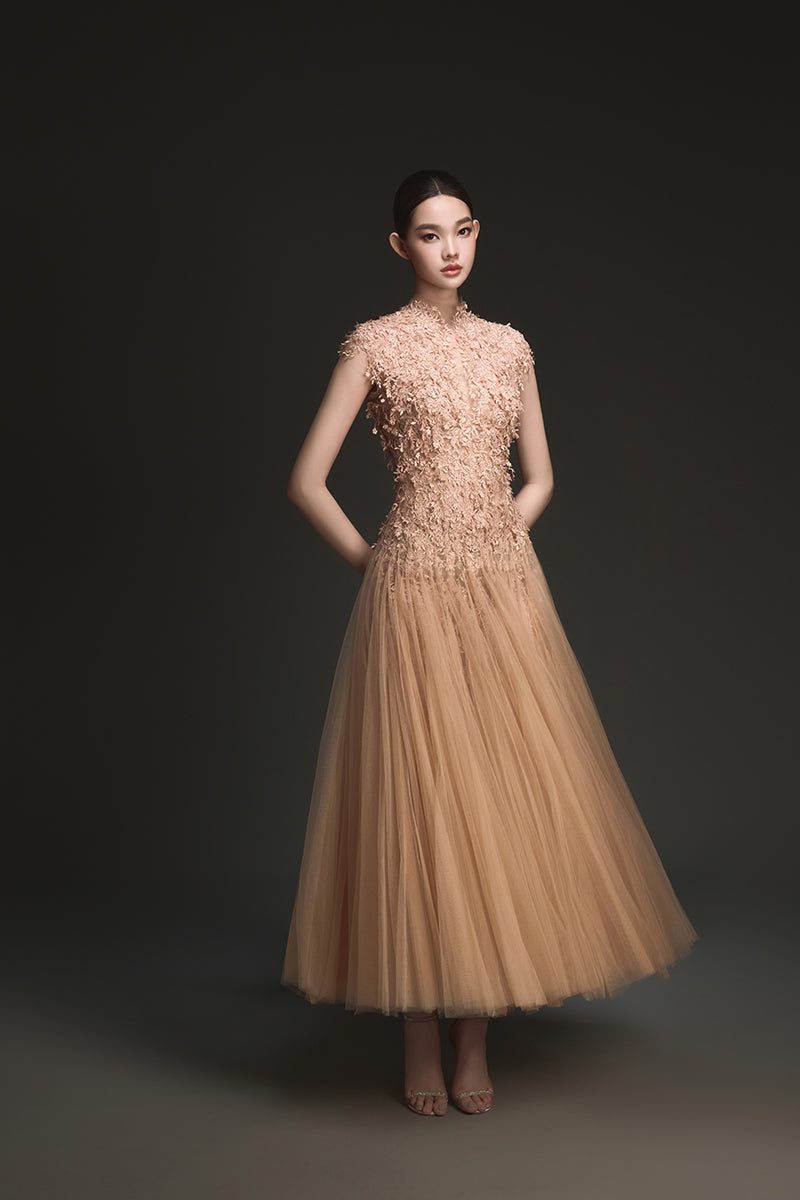 PEACH OMBRÉ CUT-OUT LACE MIDI DRESS - CULT MIA