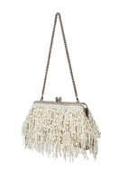 White pearl cascade clutch bag by Sarah's Bag, featuring elegant pearl embellishments and a sleek, compact design.