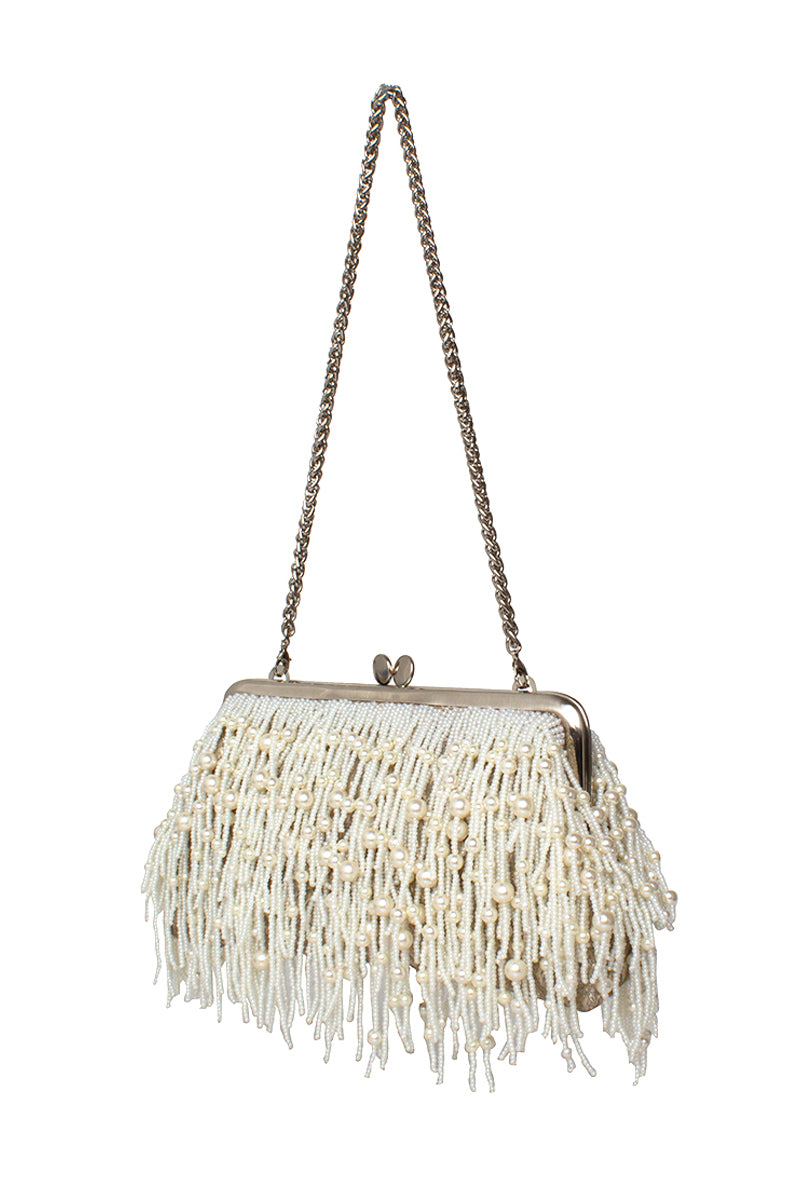 White pearl cascade clutch bag by Sarah's Bag, featuring elegant pearl embellishments and a sleek, compact design.
