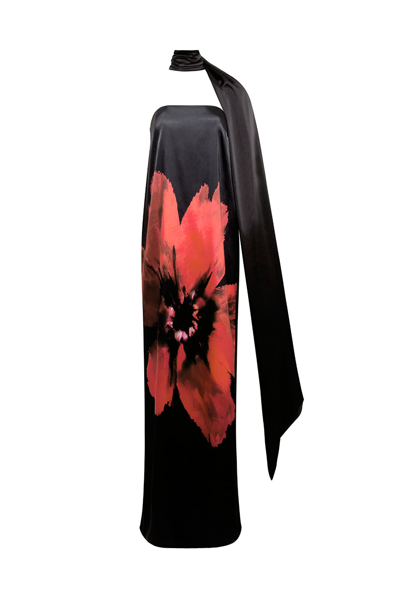 ROBE MAXI NOIRE PERLE À FLEUR NOIRE