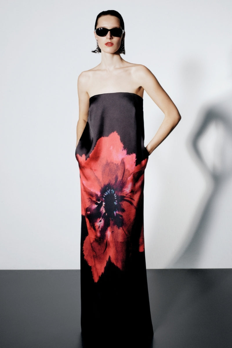 ROBE MAXI NOIRE PERLE À FLEUR NOIRE