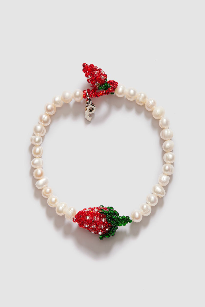Pura Utz Pearl Strawberry bracelet featuring pink and white pearl beads on a delicate bracelet chain.