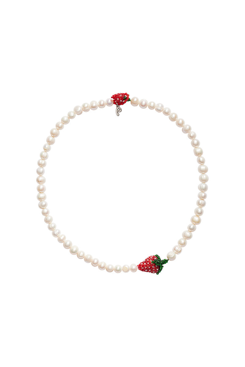 Pearl strawberry necklace by Pura Utz featuring a delicate pearl and strawberry-shaped pendant on a fine chain.
