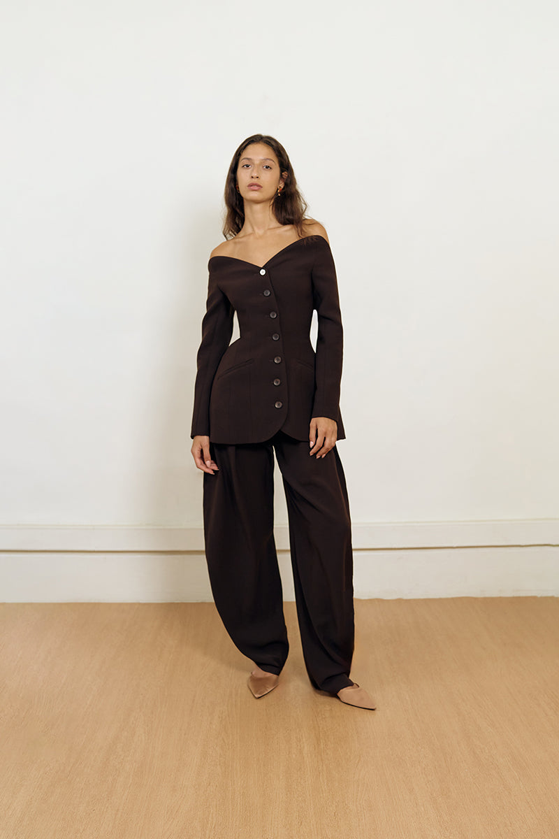 YASSMIN SALEH brown peekaboo blazer featuring a stylish front view with tailored design and sleek fabric.