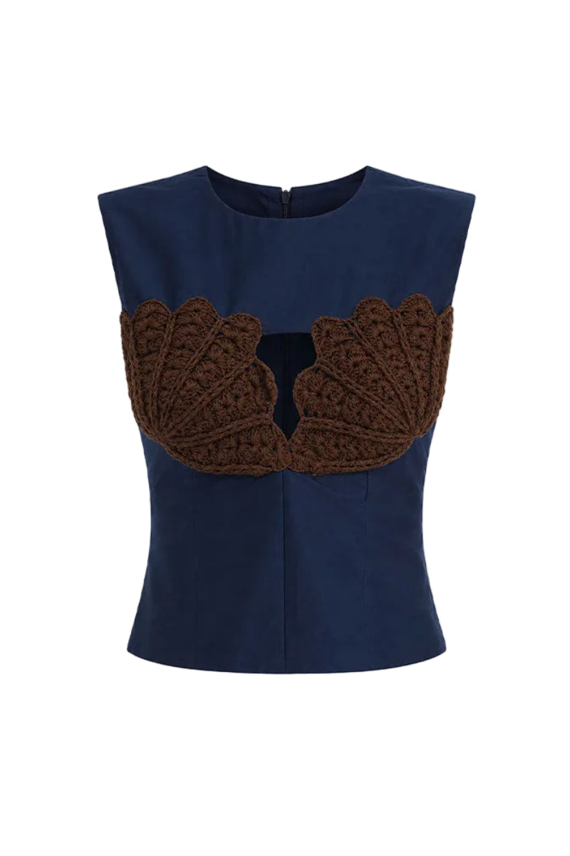 Maylé Vásquez Perla top in brown and navy, featuring a stylish design and soft fabric, perfect for casual or chic outfits.