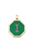 Personalised letter pendant necklace by Maria Frering with a green gemstone accent, showcasing a custom initial charm.