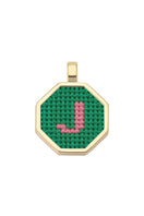 Personalised letter pendant necklace by Maria Frering with a green charm, featuring a custom initial on a delicate chain.