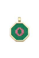 Personalised letter pendant necklace by Maria Frering featuring a green gemstone accent, elegant and customizable jewelry piece.
