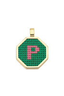 Personalised letter pendant necklace by Maria Frering featuring a green pendant with custom letter engraving.