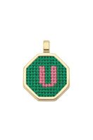 Personalised letter pendant necklace by Maria Frering featuring a green pendant with custom initial design.
