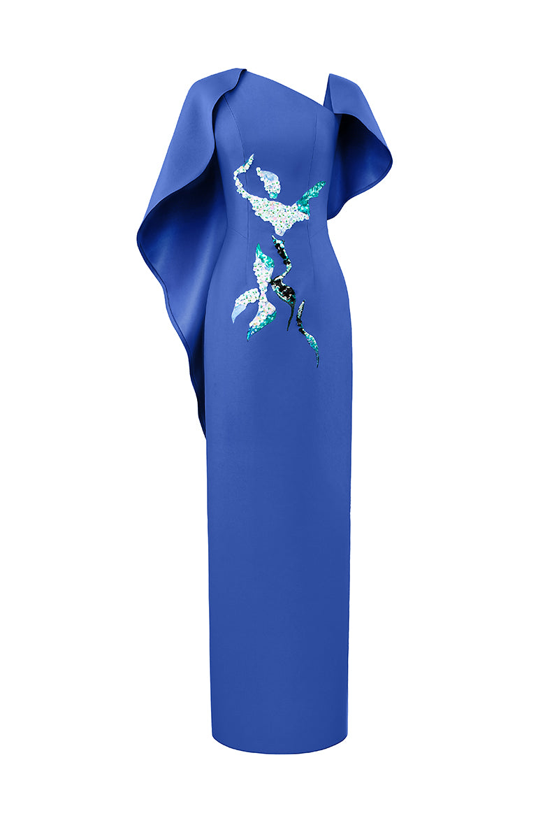Tiny Ink Petal's Secret Dance asymmetrical cape evening gown with flowing fabric and elegant design, shown on a model.