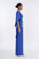 Elegant Petal's Secret Dance asymmetrical cape evening gown by Tiny Ink featuring flowing fabric and stylish design.