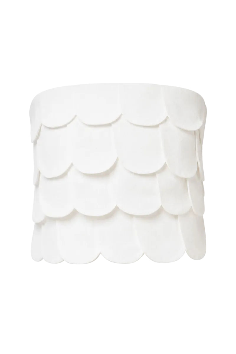 Ivory Petalia crop top by ANA + MARIA displayed on a mannequin, featuring a stylish, fitted design with a round neckline.