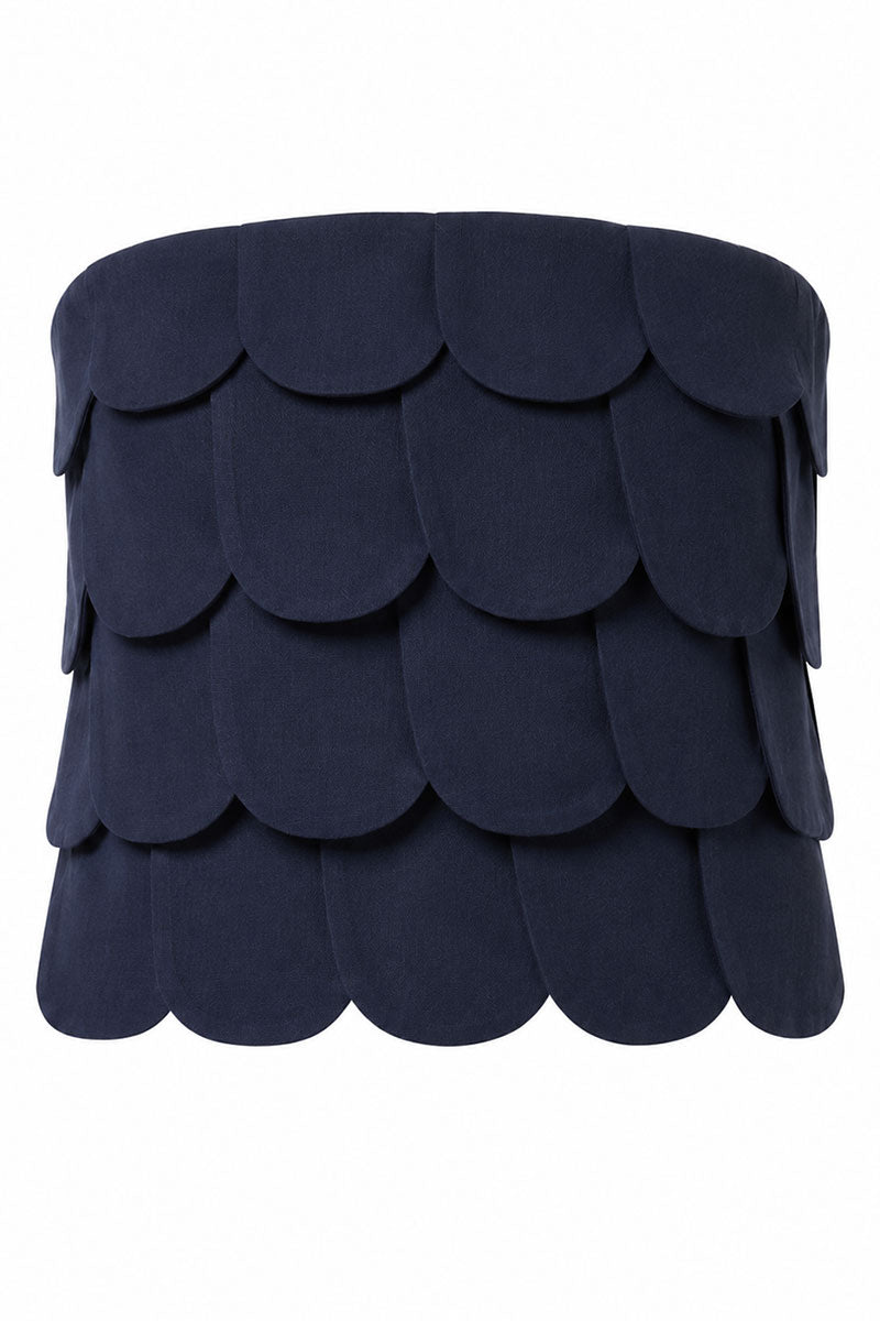 Navy blue Petalia crop top by ANA + MARIA displayed on a ghost mannequin, showcasing its fitted style and soft fabric.