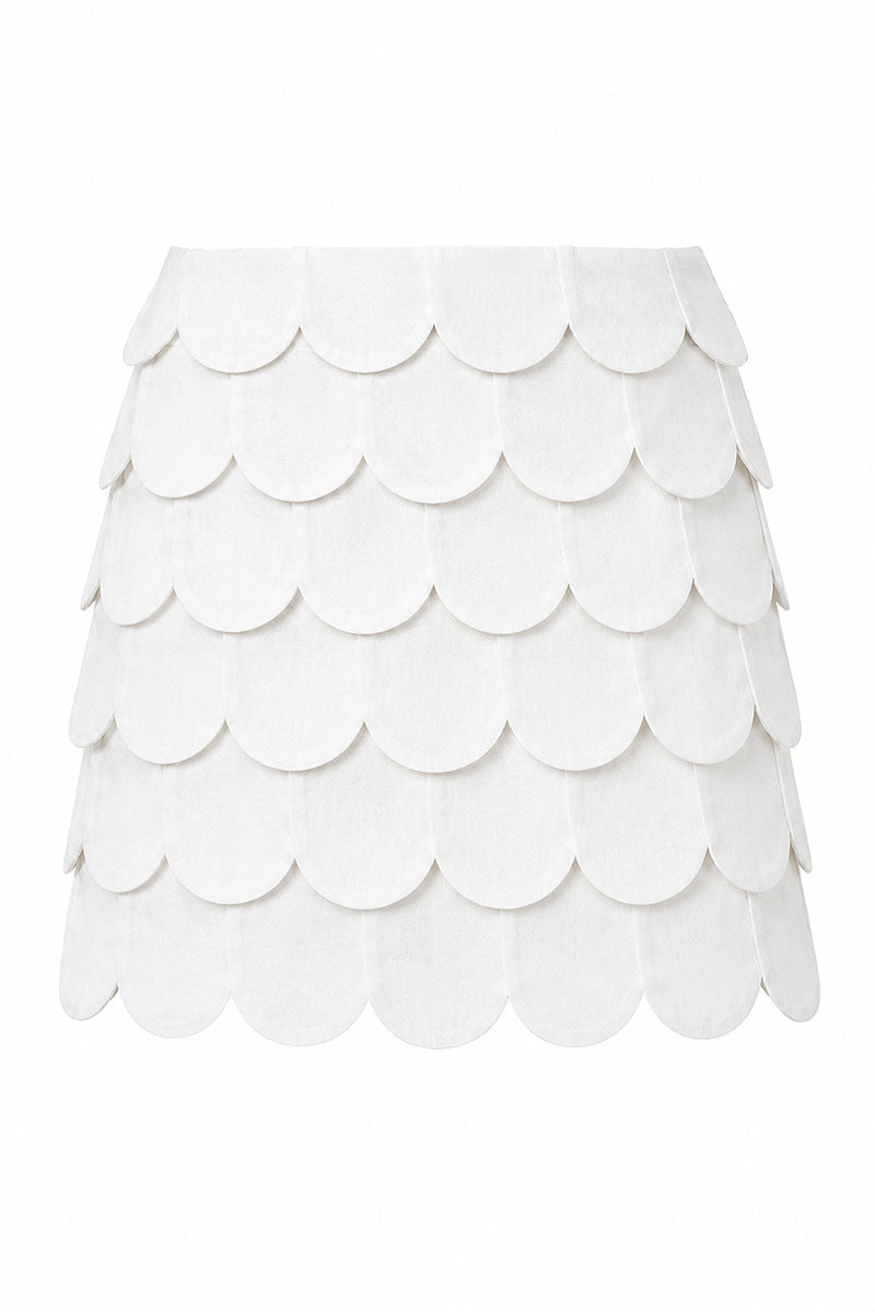 Ivory Petalia mini skirt by ANA + MARIA displayed on a mannequin, showcasing a stylish and fitted design.