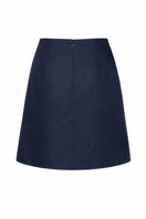 Navy blue Petalia mini skirt by ANA + MARIA displayed on a ghost mannequin, showcasing the sleek, fitted design.